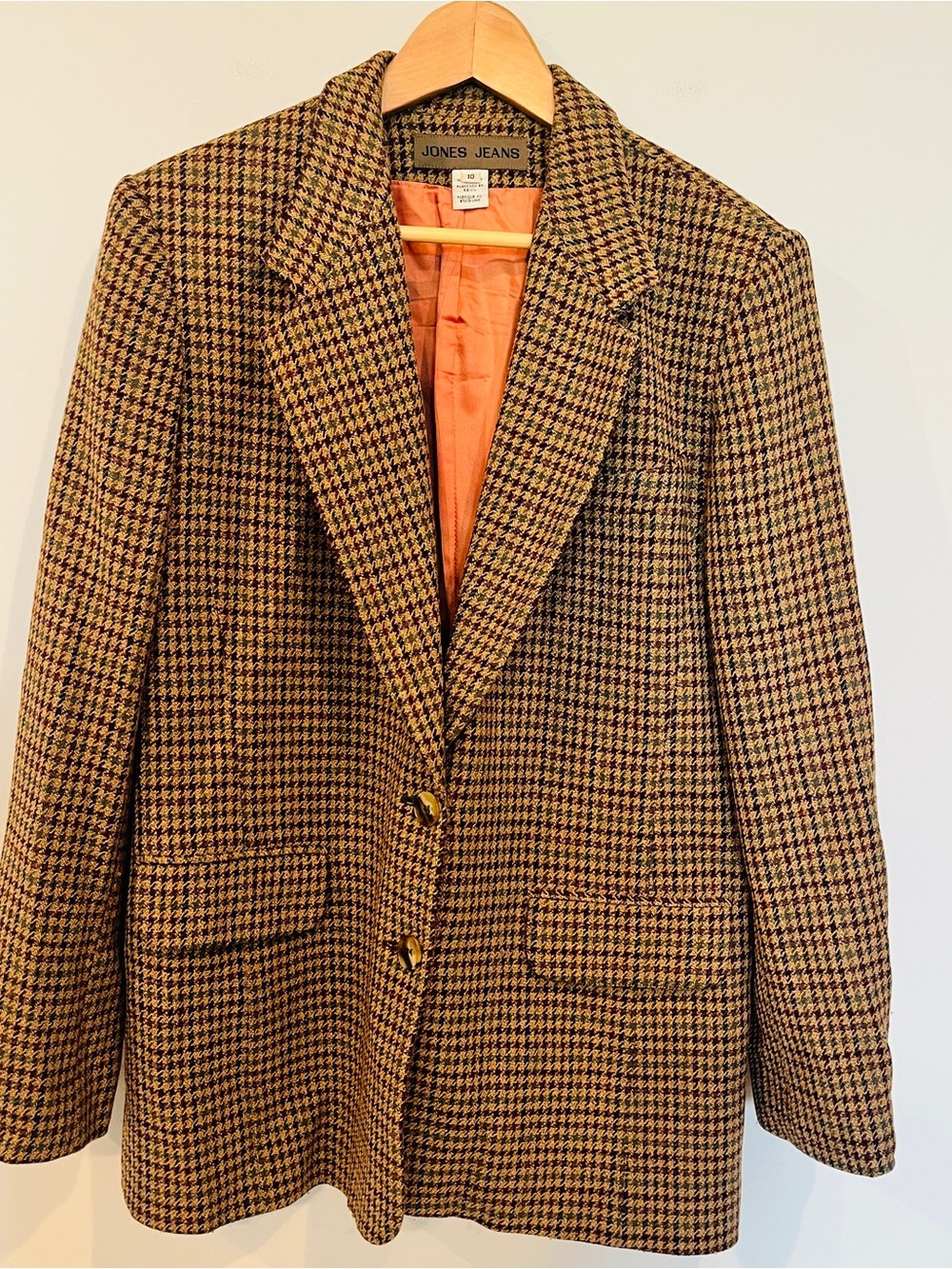 Jones Jeans Vintage Brown Houndstooth Blazer with Orange Lining